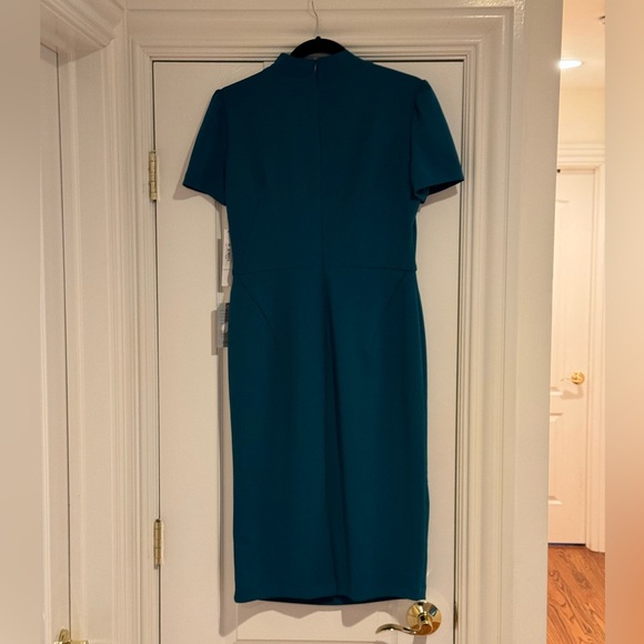 NWT Maggy London Tie Neck Puff Sleeve Scuba Crepe Dress in Teal. Size 6 - Picture 3 of 7